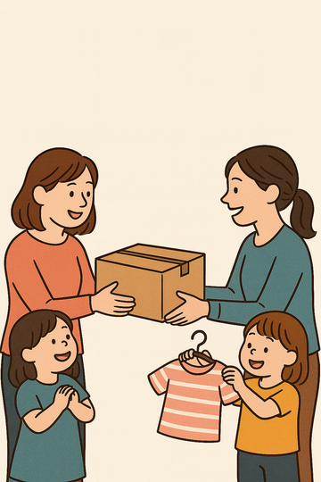 Mom donating a box of baby clothes to another parent—an easy and heartfelt way to give back and support sustainable parenting.