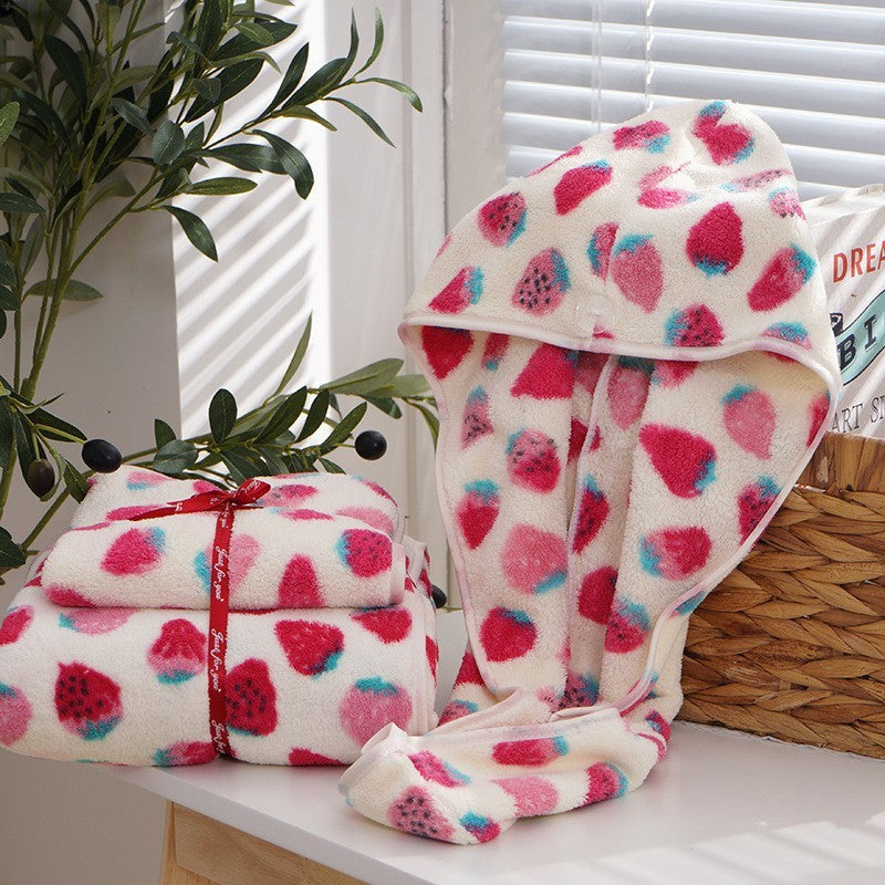 Coral Cotton Fleece Strawberry Towel Set, Soft, Sweet, and Perfectly Plush