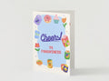 Front of Cheers to Forgiveness apology card featuring colorful party icons and confetti on a light background
