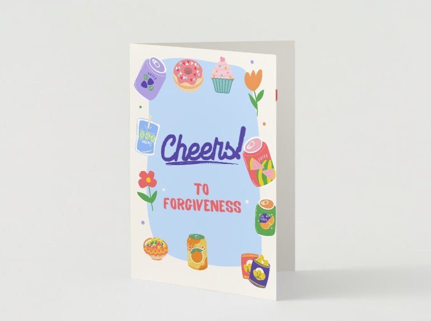 Front of Cheers to Forgiveness apology card featuring colorful party icons and confetti on a light background
