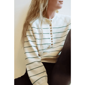 Ellen Henley Sweater in Cream with Green Stripes - Bright House