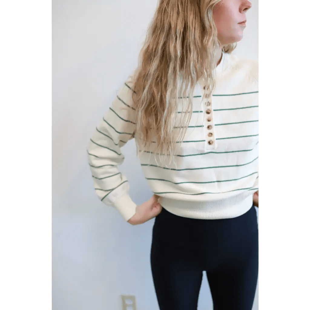 Ellen Henley Sweater in Cream with Green Stripes - Bright House