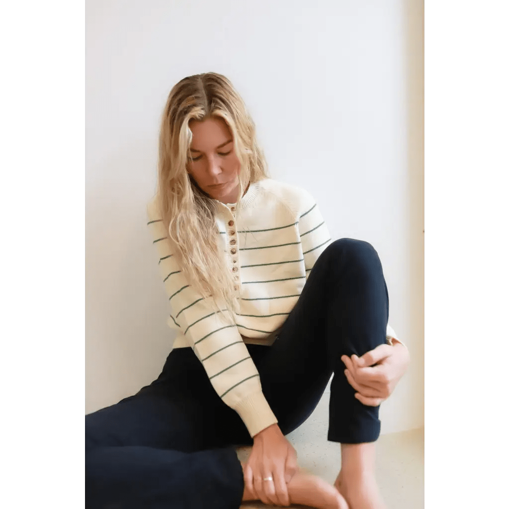 Ellen Henley Sweater in Cream with Green Stripes - Bright House