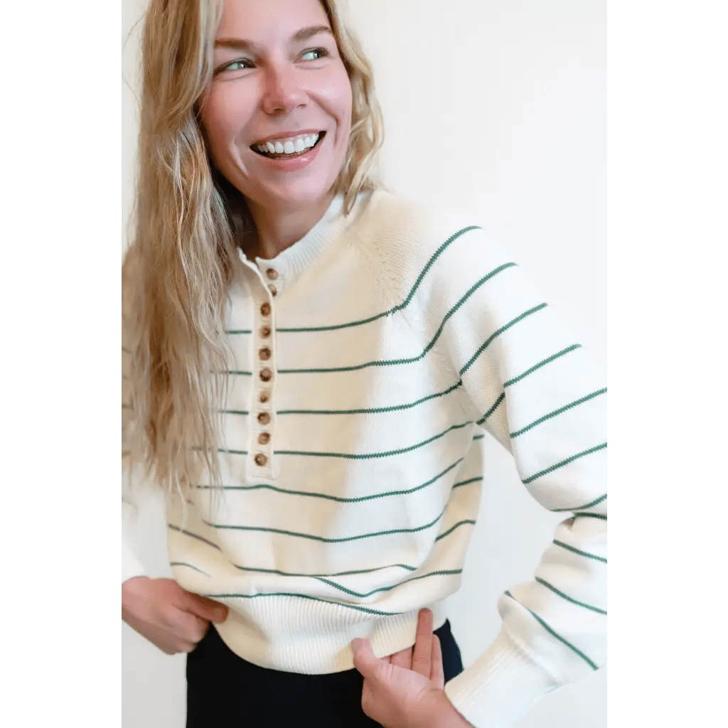 Ellen Henley Sweater in Cream with Green Stripes - Bright House