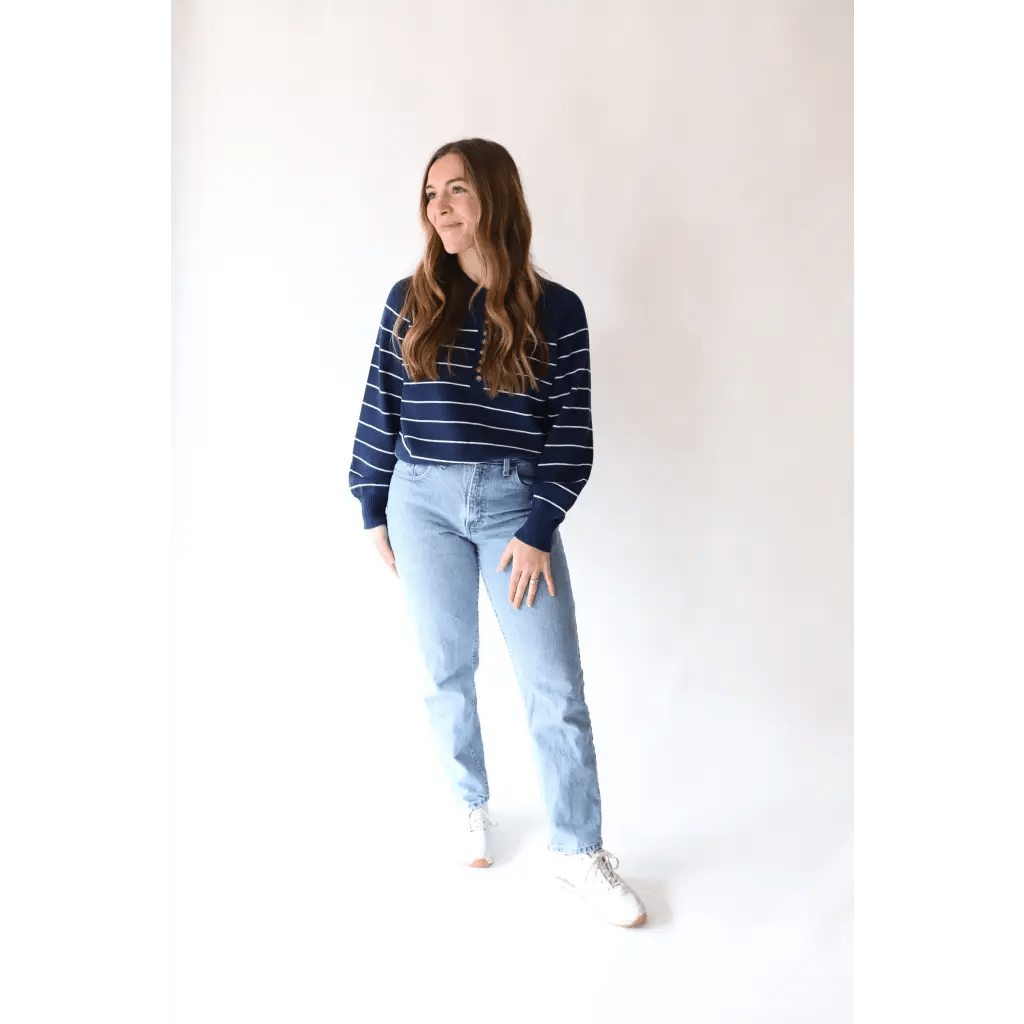 Ellen Henley Sweater in Navy with White Stripes - Bright House