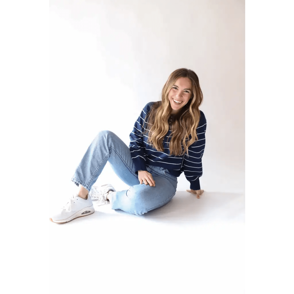 Ellen Henley Sweater in Navy with White Stripes - Bright House