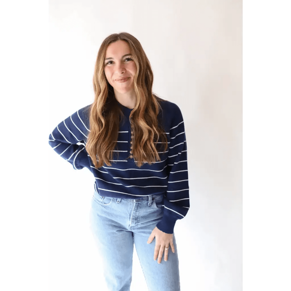 Ellen Henley Sweater in Navy with White Stripes - Bright House