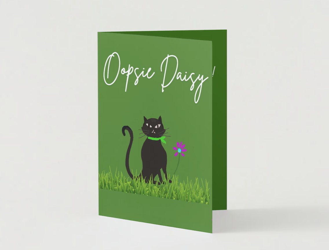 Front of Floral Feline apology card featuring a cute cat holding a flower on a green background