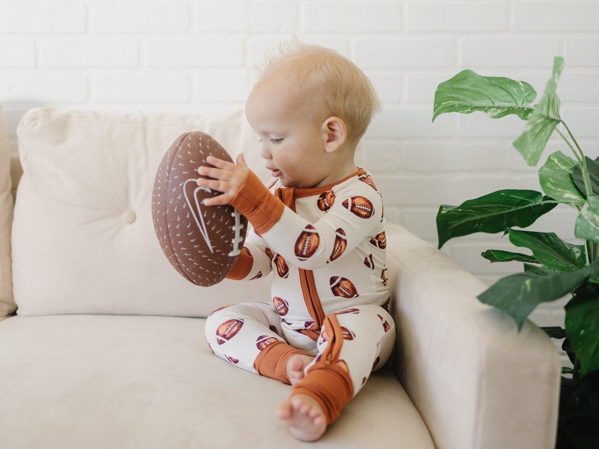 Football Print Bamboo Zippy Romper - Bright House