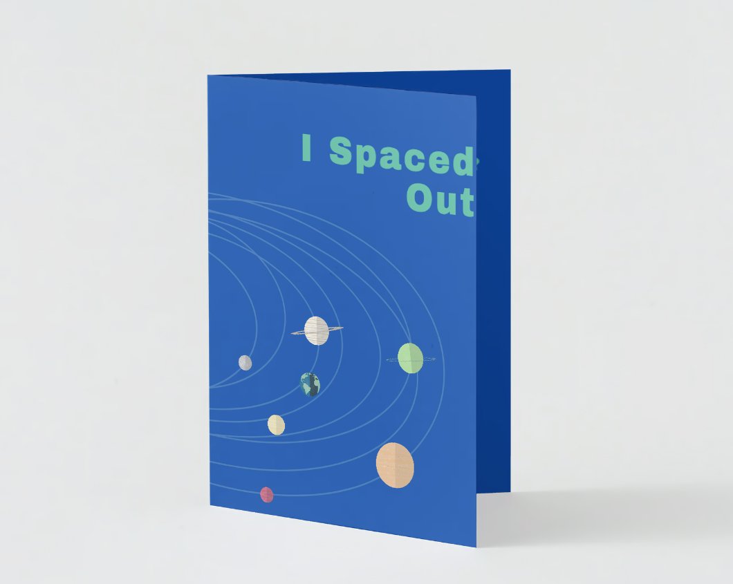 Front of Galactic Forgiveness apology card with space-themed design