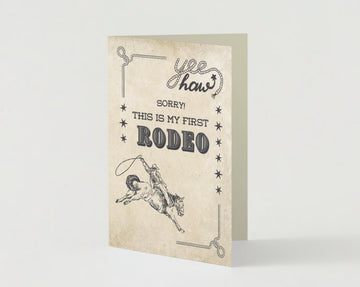 Front of "My First Rodeo" apology card showing vintage cowboy design