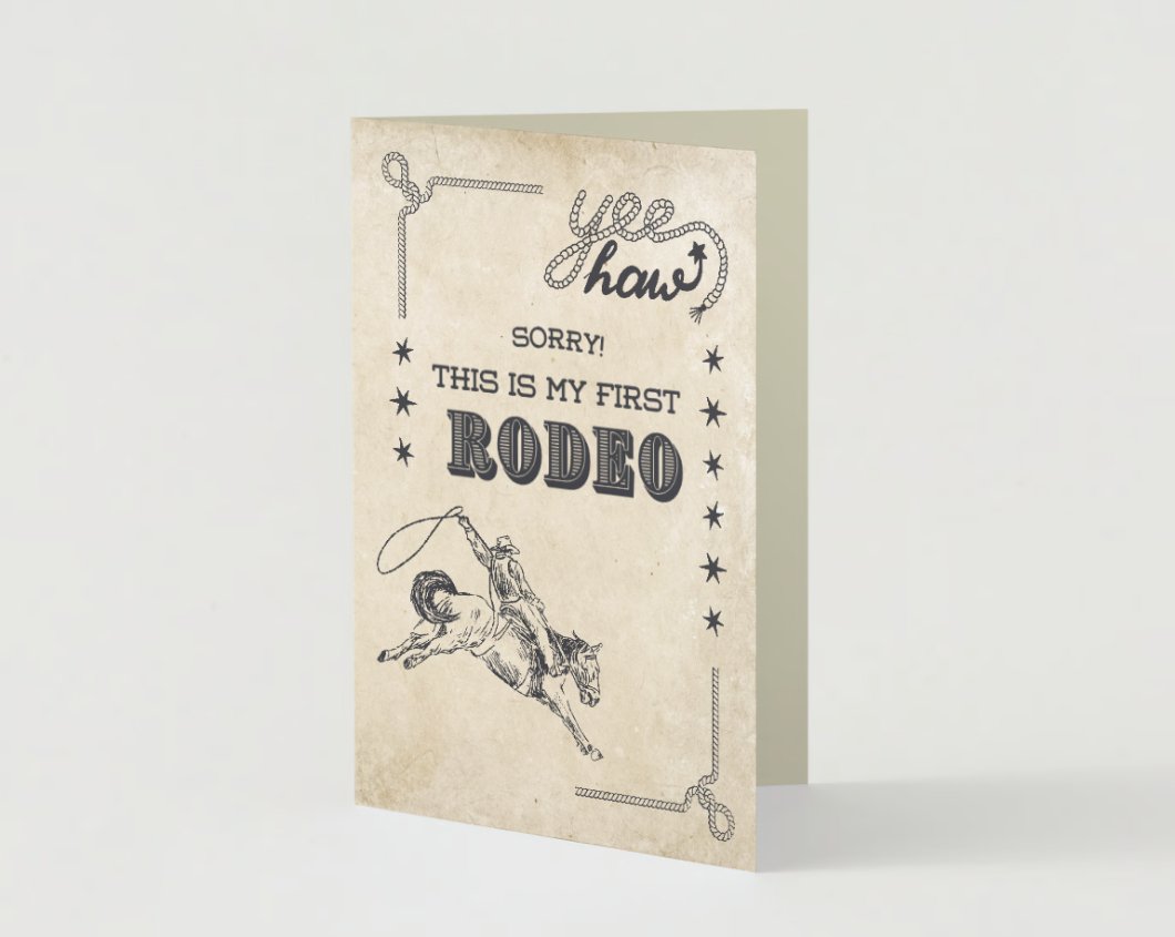 Front of "My First Rodeo" apology card showing vintage cowboy design