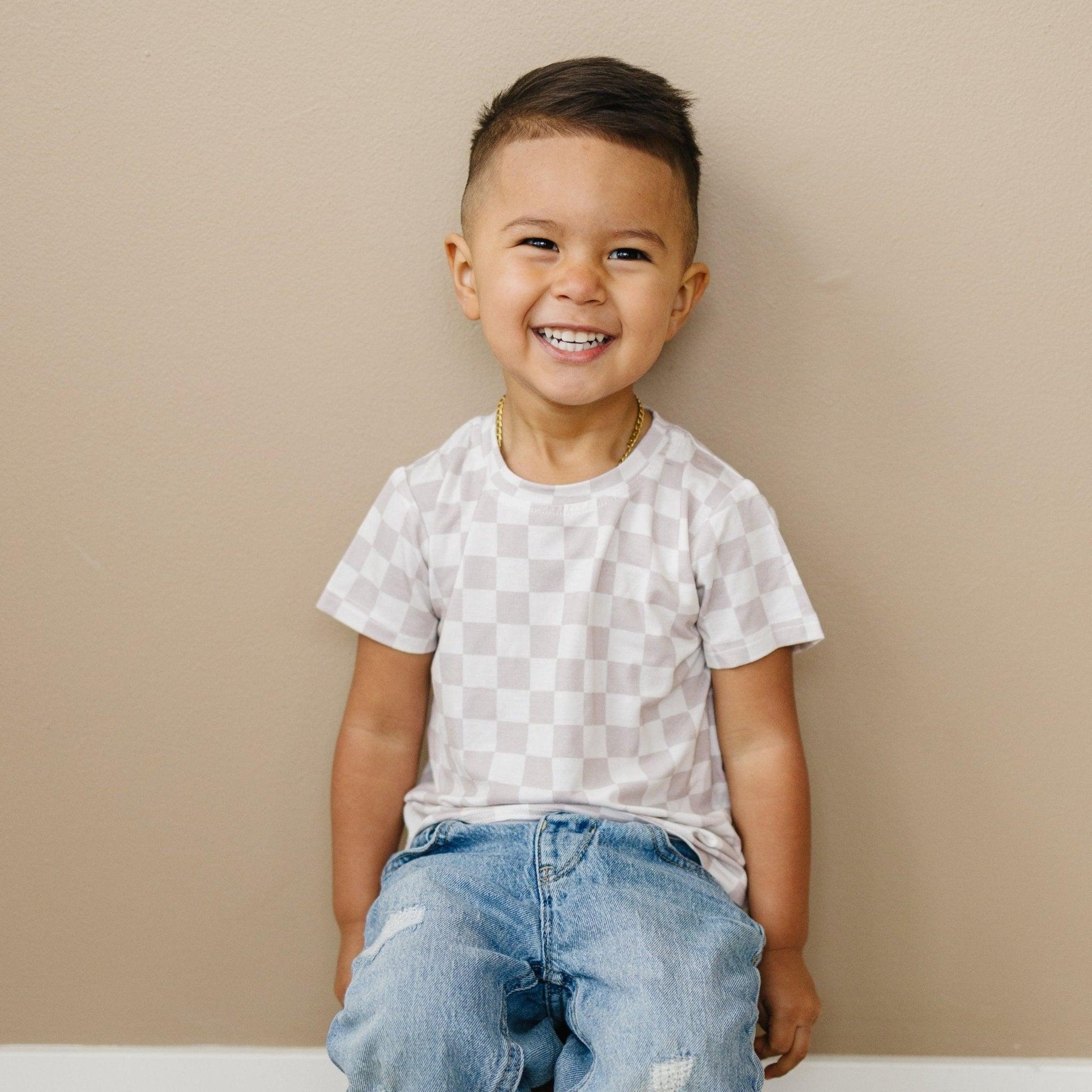 Neutral Checkered Bamboo Tee *Sizes 3/6m & sz 6 left - Bright House