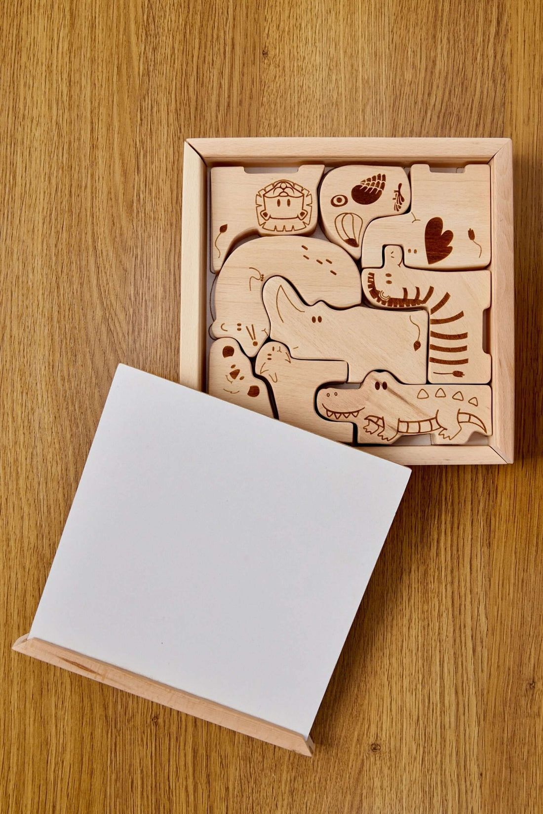 Wooden Safari Animal Puzzle Box, Montessori Learning Fun for Toddlers