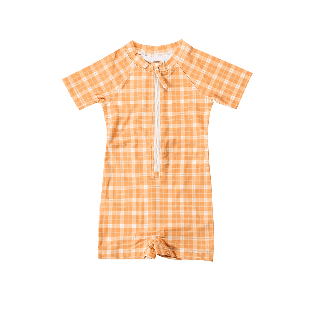 Short Sleeve Rashguard Swimsuit | UPF + Recycled - Buckwheat Plaid - Bright House