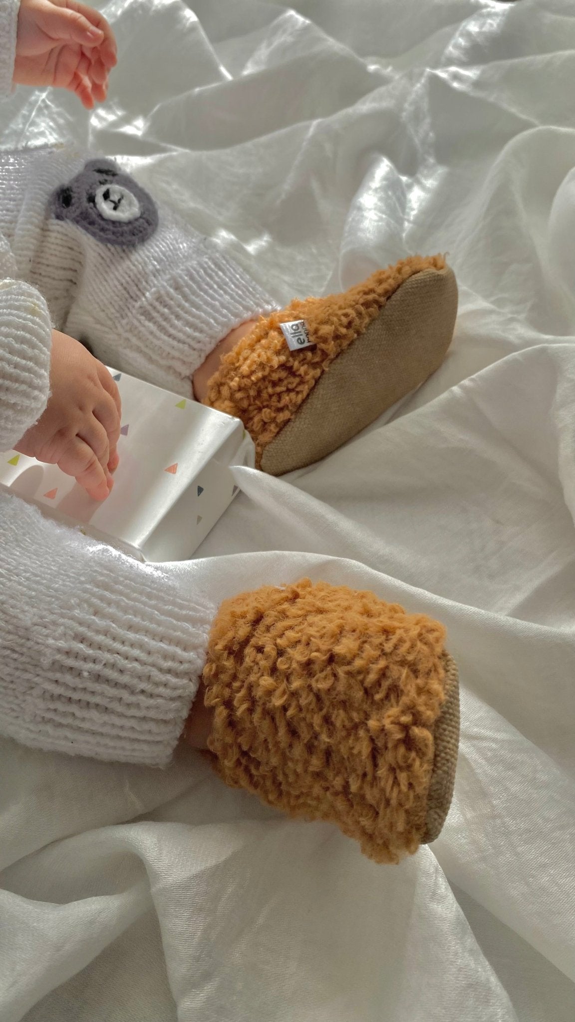 Teddy Baby Booties House Slippers, Non - Slip Sole, Organic Cotton Lining, Home Nursery Shoes Taba - Bright House