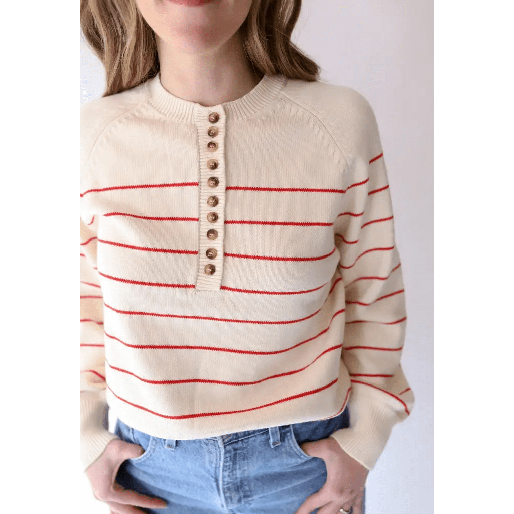 The Ellen Henley Sweater in Red - Bright House