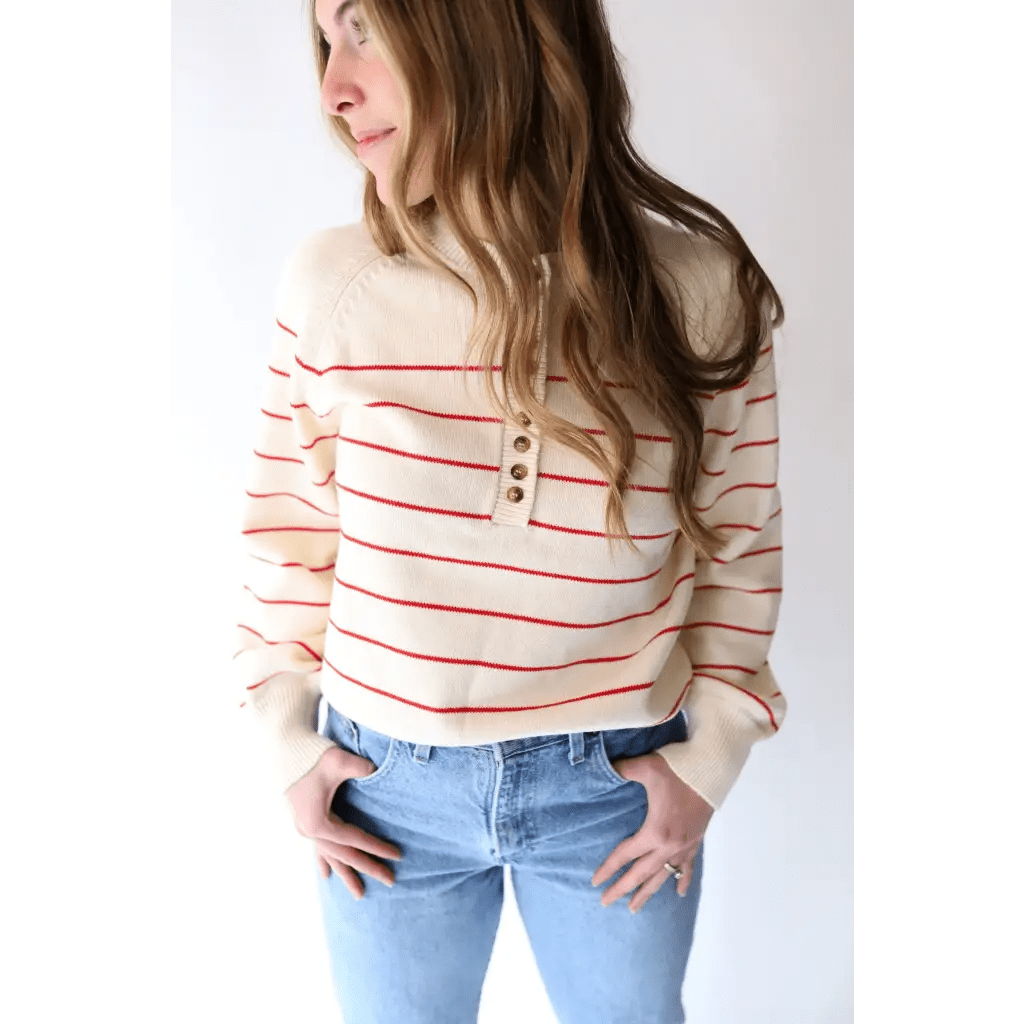 The Ellen Henley Sweater in Red - Bright House